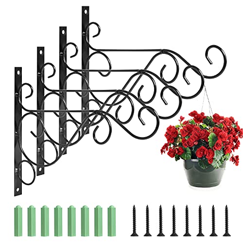 Jubaopen 4 Stück Blumenampelhalter Wandhalterung Eisen Wandhalter Haken mit 8 Schrauben Eisen Wandhalter Haken Gartenkörbe Hängende Pflanzgefäße Laterne Windspiele (Schwarz)