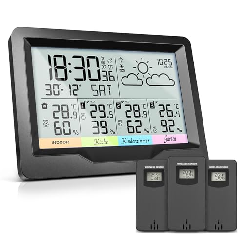 OULE GmbH wetterstation funk mit 3 außensensor, thermometer innen außen,Hygrometer innen mit DIY Label,wetterstationen innen und außentemperatur funk mit wettervorhersage,DCF-Funkuhr