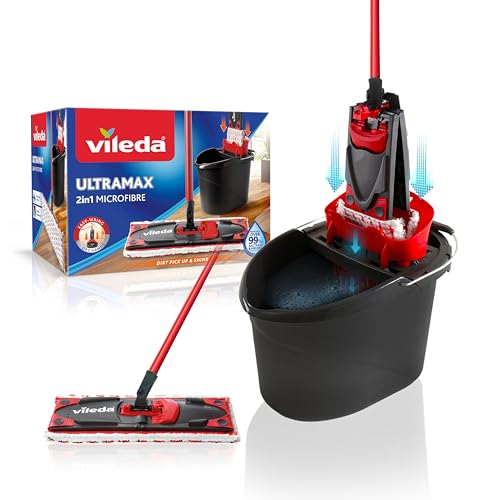 Vileda Ultramax 2in1 Bodenwischer Komplett Set, Wischmopp mit Stiel, Mikrofaserbezug und Eimer mit Powerpresse, für alle Hartböden, Eco-Verpackung