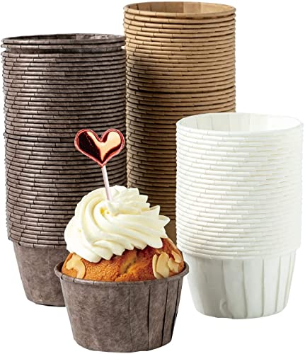 katbite Papier Muffinförmchen, 150 Stück Cupcake Formen für Hochzeit, Geburtstag, Party, Einweg Backbecher in Weiß, Braun, Dunkelbraun
