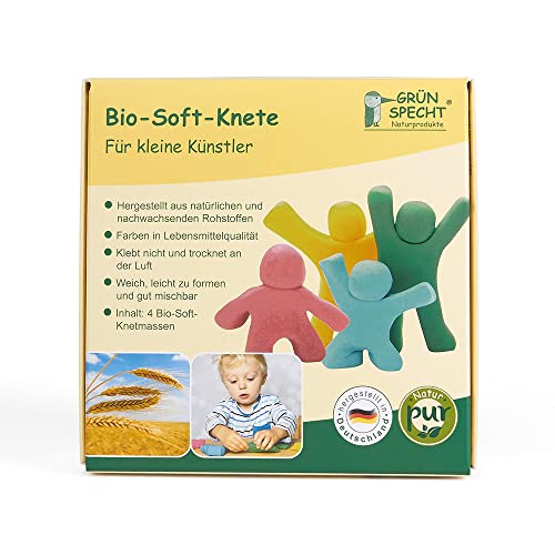 GRÜNSPECHT Bio-Soft-Knete, 4 Farben aus natürlichen Rohstoffen, Lebensmittelqualität, weich, mischbar, gelb, rot, grün, blau (680-00)