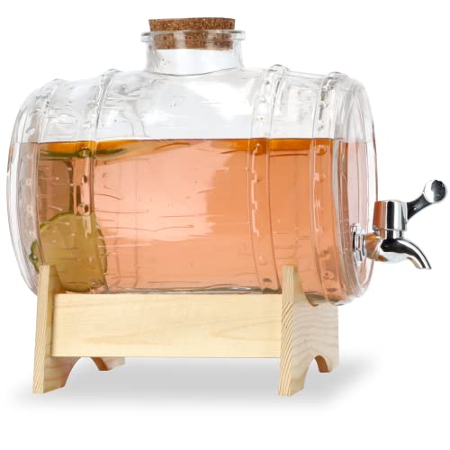 KADAX Fass mit Hahn 3L, fassförmiger Getränkespender aus Glas mit Zapfhahn, transparenter Spender mit Holzuntersatz, Alkoholspender ideal für Whisky, Brandy, Säfte, Limonade