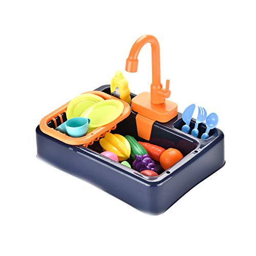 NIWWIN Pretend Play Kids Kitchen Sink Toys Set mit fließendem Wasser Lerngeschenke Jungen Mädchen Simulation Geschirrspüler Arbeitsarmatur & Abfluss Geschenke (Blau)