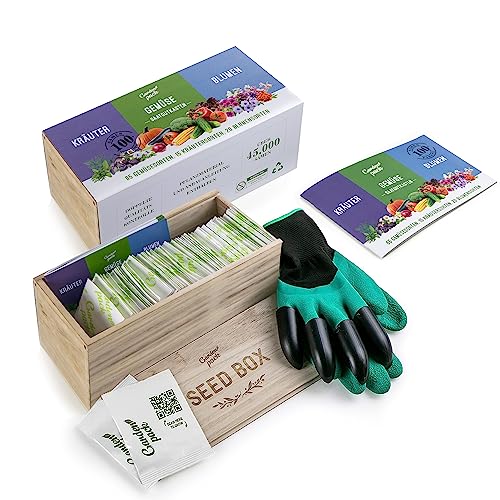 Samenaufzucht Box von Garden Pack – 75 Sorten Blumensamen, Kräutergarten Samen, Gemüsesamen – Holzkiste Geschenkset - Zubehör