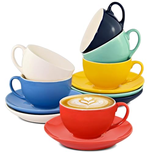 6er Cappuccino Tassen Set mit Untertassen - Keramik Bunt - Geschenkbox - Hält Lange warm - 180ml