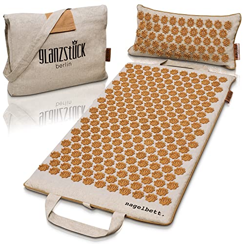 Glanzstück Berlin® Health Collection: XL Akupressurmatte Set ORIGINAL aus Leinen, Hilfe bei Verspannungen, Rückenschmerzen, Massagematte mit Kissen (Wärmefunktion) & Tasche, nachhaltig