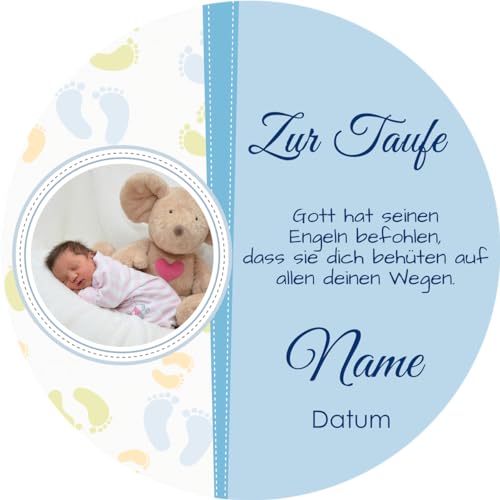 Essbarer Premium Tortenaufleger Personalisierbar mit eigenem Bild und Text / 20 cm Ø für Taufe/6 und für Geburtsglückwünsche (blau)