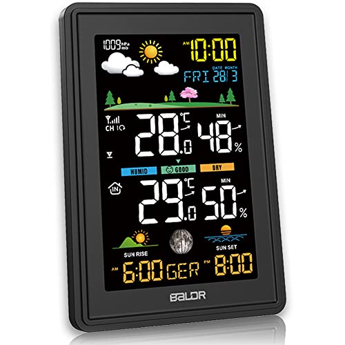 Konsen Wetterstation funk mit Außensensor Multifunktionale Funkwetterstation DCF Funkuhr Digital Thermometer Hygrometer mit Wettervorhersage, Schwarz