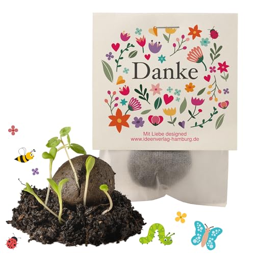 Ideenverlag HAMBURG 10x Danke Samenbomben - kleines Geschenk & Mitgebsel - Saatbomben für Kollegen, Gäste & Kinder - Blumenbomben, Blumensamen & Blumenkugeln als Dankeschön - Seedbomb & Saatkugeln