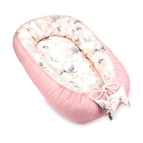 Babynest Neugeborene Nestchen Baby 90x50 cm - Kokon Handmade zweiseitig aus Baumwolle Waffel mit Babynestchen Wilde Rose Rosa