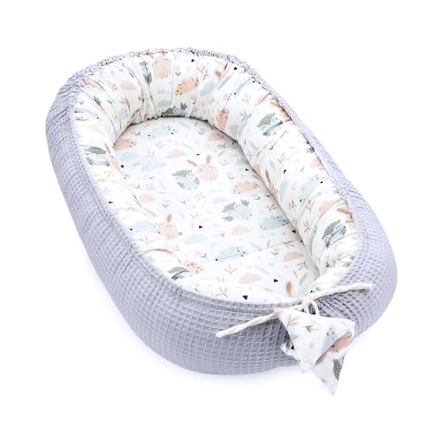 Babynest Neugeborene Nestchen Baby 90x50 cm - Kokon Handmade zweiseitig aus Baumwolle Waffel mit Babynestchen Eulen Grau