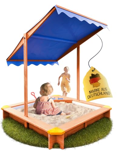 FRIEDO - Sandkasten mit Dach (UV80+) & Matschküche 120x120 cm - Sandkiste inklusive Bodenvlies gegen Unkraut und Ungeziefer - Sandkasten mit Abdeckung aus Holz für Kinder - Outdoor und Garten geeignet