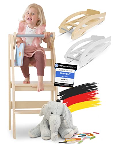 Kleiner Riese ® Lernturm Natur Klappbar [Premium - 4 in 1] Qualitätssieger | Learning Tower Montessori | Große Standfläche | Tritthocker | Lernturm ab 1 Jahr | Sicher und Stabil