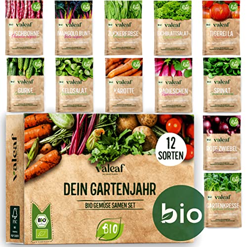 valeaf BIO Gartenjahr Samen Set I Gemüsesamen das ganze Jahr I 12 Monate Samen Gemüse I Gemüsesamen Set für Hochbeet, Balkon und Garten I Samen Set mit Gemüse Saatgut I 12er BIO Pflanzensamen Set