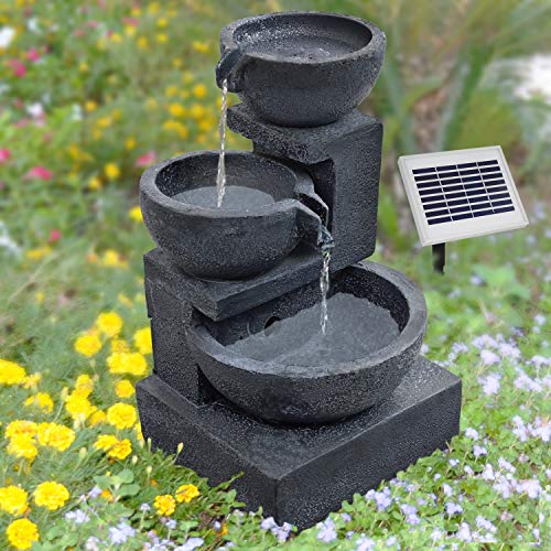 Gartenbrunnen Solarbrunnen Brunnen GRANITSCHALEN-Kaskade mit LED-Licht und Li-Ion-Akku, Vogelbad Wasserfall, Gartendeko mit Pumpe, Wasserspiel für Garten Terrasse, Balkon, Sehr Dekorativ