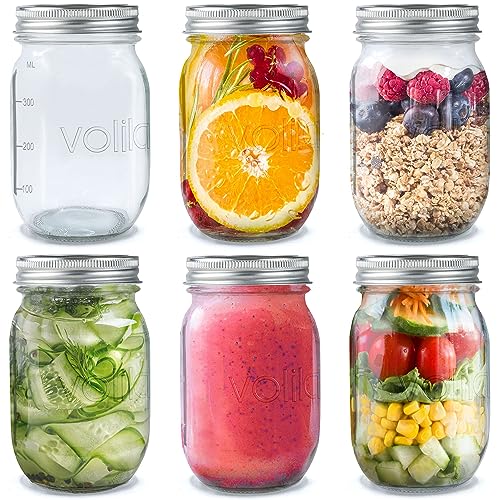 volila Mason Jar mit Deckeln - 490 ml Mehrzweck-Einmachgläser für Overnight Oats, Einlegen, Einmachen, Konservieren und Mahlzeitenvorbereitung - Luftdichte Einweckgläser (6er Pack - Normaler Deckel)