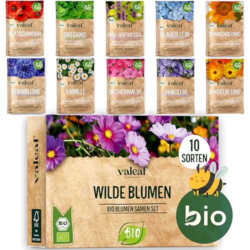 valeaf BIO Wilde Blumen Samen Set I 10 Sorten bienenfreundliche Blumensamen I Premium BIO Samen Blumen I Wildblumen Samen I Blumenmischung Samen I Bienen Weide Wiesenblumen Samen