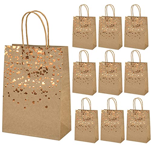 Mikihat 10 Stück Papiertüten mit Henkel，Geschenktüten aus Kraftpapier, Bronzing Kraft Tasche mit Gold Herz Verzierung, Party Geschenk Papiertüten für Partys, Hochzeiten, Feiern, Geschenktüten