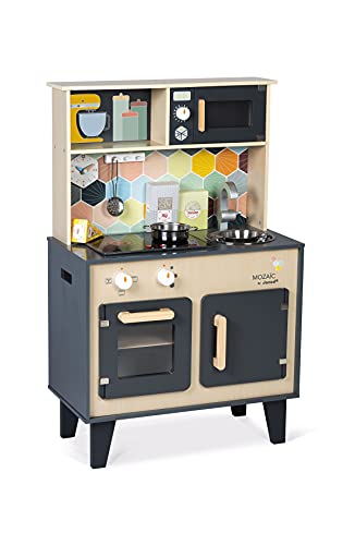 Janod - Mozaïc Big Cooker - Spielküche für Kinder - Kinderküche mit Sound und Licht - Holzküche mit 3 Zubehörteilen + 3 Lebensmittelkartons - Ab 3 Jahren, J06609, 53 x 30 x 87 cm