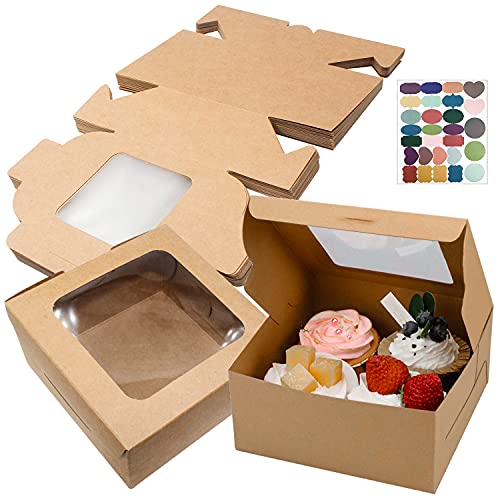 GIAK Cupcake Box Kraftpapier Karton Mit Sichtfenster Cupcake Boxen 24 Stk Mit Aufkleber Donut Box für Keksschachtel Mehlspeisenkarton Dessert Cupcakes Kraftpapier Box