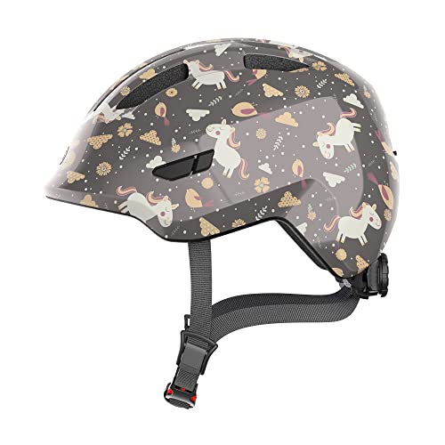 ABUS Kinderhelm Smiley 3.0 - Fahrradhelm mit tiefer Passform, kindergerechten Designs & Platz für einen Zopf - für Mädchen und Jungs - Grau mit Pferde-Muster, Größe S