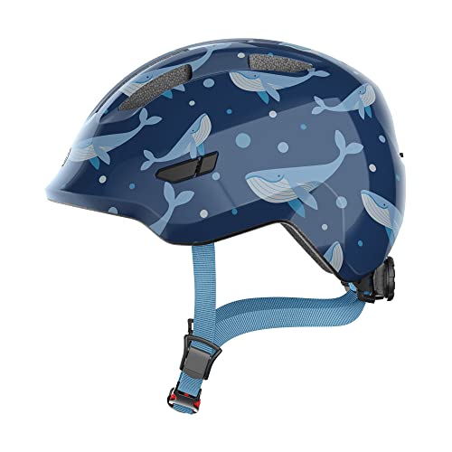 ABUS Kinderhelm Smiley 3.0 - Fahrradhelm mit tiefer Passform, kindergerechten Designs & Platz für einen Zopf - für Mädchen und Jungs - Blau mit Wal-Muster, Größe S