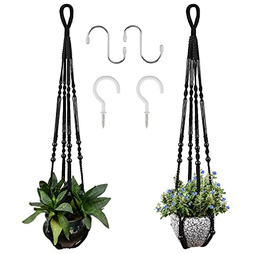 RIFNY Makramee Blumenampel 2er Set, Boho Deko Baumwollseil Hängeampel Blumentopf Pflanzen Halter Aufhänger für Innen Außen Decken Balkone Wanddekoration, 89cm (Schwarz)