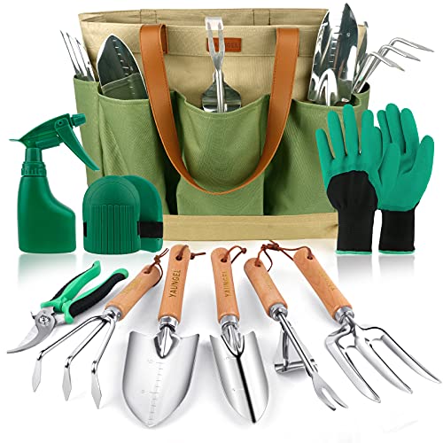 YAUNGEL Gartenwerkzeug Set, 10 Stück Schwerlast Edelstahl Gartenarbeit Kit mit Non-Slip Holzgriff- Garten Geschenke Verpackung für Frauen Männer, Grün