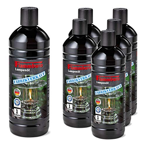 FLAMMBURO (6 Liter Lampenöl 1000 ml Flaschen für Öllampen vom Deutschen Hersteller, Petroleumlampen, Fackeln, Gartenfackeln, Ölkerzen, Lampenöl für Fackeln Made in Germany - 6 x 1 Liter = 6 Liter