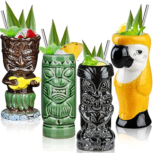 SuproBarware Tiki-Gläser für Cocktails, Tiki-Becher, 4er-Set, tropische Keramikbecher, hawaiianische Tiki-Party, kreative Cocktailgläser, Getränke, großes Bar-Trinkgeschirr, erstklassiges tropisches,