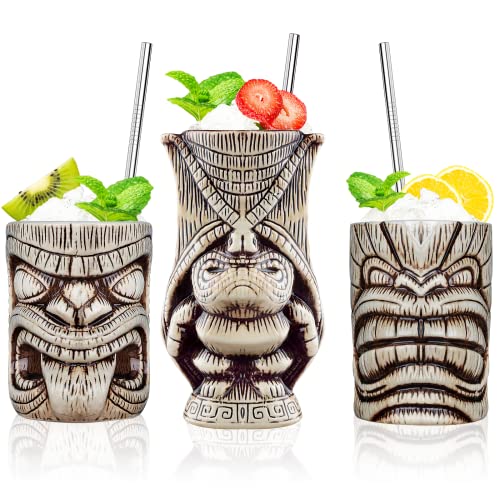 Tiki Becher Set Tiki Cocktail Gläser, Set Mit 3 Keramik-Tassen für Exotische Party,Tiki Bar