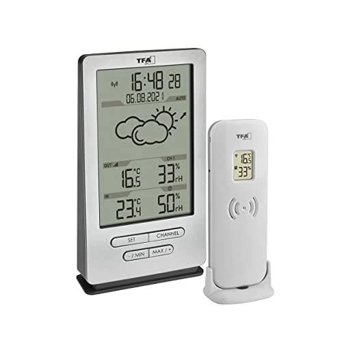 TFA Dostmann Funk Wetterstation Xena, 35.1162, mit Außensensor, Innen und Außentemperatur, mit Wettervorhersage, inkl Funkuhr, Luftfeuchte, zum Stellen/Hängen