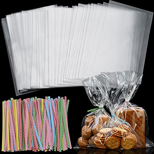 Faburo 90pcs Cellophantüten Klar 25x15cm Süßigkeiten Tütchen Transparent mit 90 Metallischen Bindebaender für Süßigkeiten Mitgebsel Kindergeburtstag Gastgeschenke