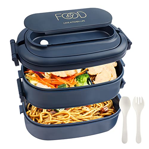 OITUGG Lunchbox 2 Etagen - 1550ml Brotdose für Erwachsene - Lunch Box mit 3 Fächern und Besteck, BPA Frei, Mikrowellengeeignet, Spülmaschinenfest, 19 x 12 x 12cm, Blau