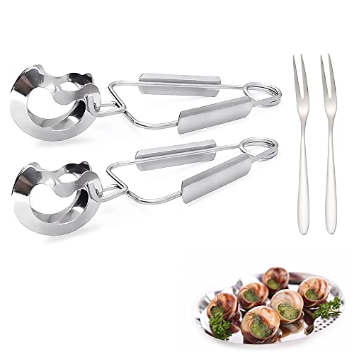 2 Stück Schneckenzange Buffet Zange Küchenzange Edelstahl Servierzange+ 2 Stück Schnecken aus Edelstahl Schneckengabel Obstgabeln für Snails Schalen Krustentiere Besteck Küchenhelfer Kochzubehör