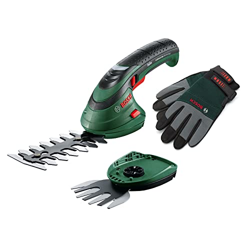 Bosch Akku Grasscheren Set Isio (3,6 Volt, Messerlänge 12 cm, Messerabstand 8 mm, mit XL-Gartenhandschuhen inklusive, in Softcase) – Amazon Edition