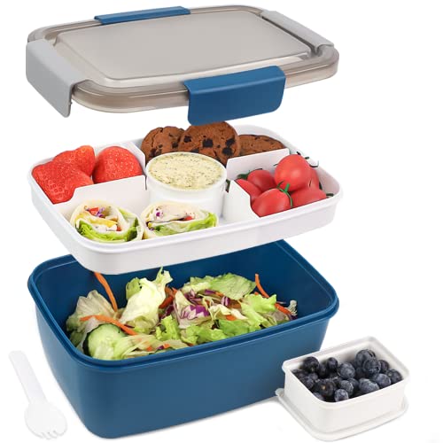 Bugucat Lunchbox Erwachsene 2000ML,Auslaufsichere Brotdose Erwachsene Bento Box mit Fächern für Kinder,Salatbehälter Salatbox to Go mit Gabel,Brotdose Frühstücksbox für Schule Picknick Büro,Blau