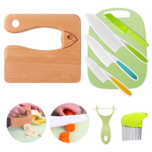 Kindermesser 8-teiliges Kinder-Küchenmesser-Set zum Schneiden und Kochen von Obst oder Gemüse für Kleinkinder, inklusive Holzmesser Schneidebrett Schäler(Fisch)