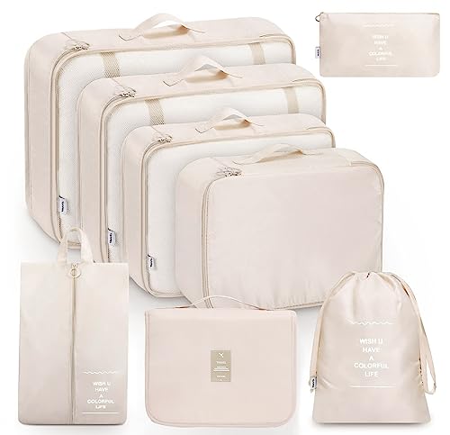 MURISE 8 Teilige Packing Cubes, Kleidertaschen, Koffer Organizer für Urlaub und Reisen, Packwürfel Set Reise Würfel, Ordnungssystem für Koffer - Beige