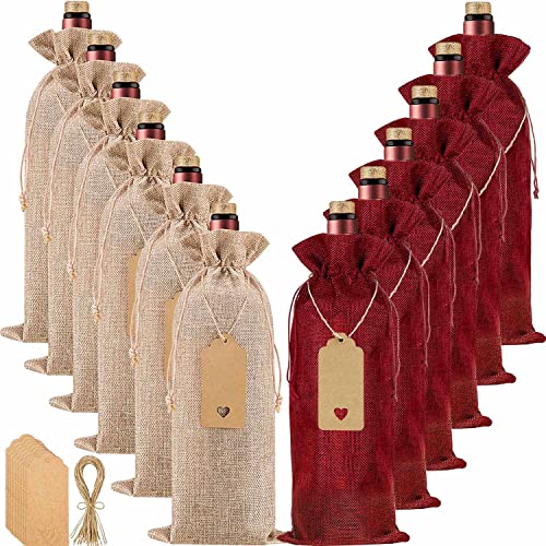 12 Stück hochwertige Jute Weinbeutel und 12 Stück Geschenkanhänger, Wiederverwendbare Sackleinen Wein-Geschenkbeutel, Weinflaschenbeutel, Weinbeutel für Hochzeit, Party, Blindverkostung