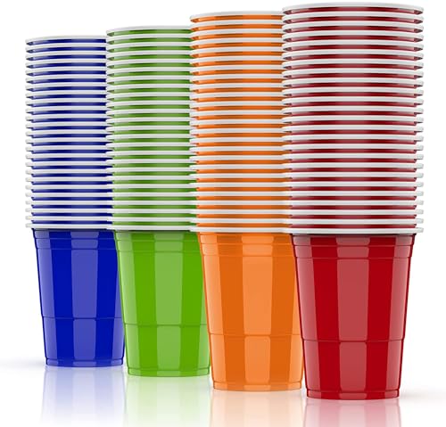 AOLUXLM 100 Plastikbecher Set Mehrweg Becher, Wiederverwendbare Partybecher 473ML / 16 OZ Becher Getränkebecher Kunststoff Cups in 4 Farben