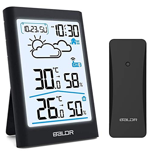 BALDR Wetterstation Funk mit Außensensor, Digital DCF-Funkuhr Außen Innen Thermometer Hygrometer Raumthermometer Funk mit Wettervorhersage