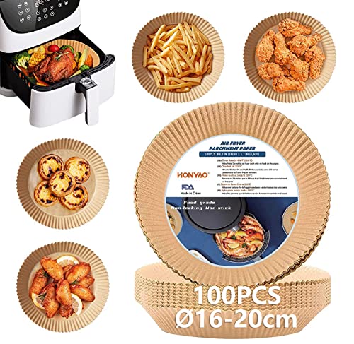 HONYAO Backpapier für Heißluftfritteuse 2-4,2 L, Rund 16 cm 100 Stück Pergamentpapier Airfryer Liners, Disposable Paper für Ofen und Air Fryers