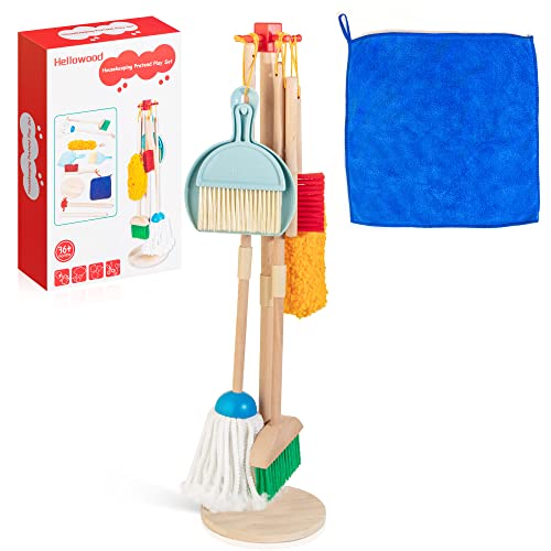 HELLOWOOD Kinder Holz Reiniungs-Set, 8-teilige Haushaltsspielzeug Rollenspiele Set inkl. Besen Mop Kehrblech Bürsten Lappen Handfeger Ständer, Reinigung Spielzeug für Mädchen Jungen Alter 3-6