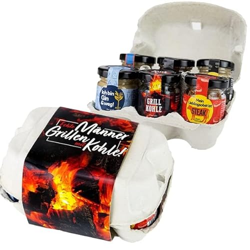 Geschenkset Grillen "Echte Männer grillen mit Kohle", Altenburger Origanl Senf-Set als Geschenidee für Männer und Frauen, Präsentkorb, Präsent-Box als Ostergeschenk