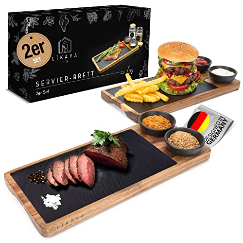 LIKAYA® Servierbrett 'LUIS' 2er Set aus FSC® Akazien-Holz mit Schieferplatte & Saucen Schüsseln - perfekt als Grillbrett, Steakbrett, Grill Zubehör und Geschenk für Steak, Burger & Sushi!