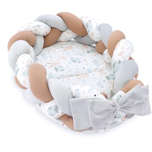 Babynest Neugeborene Nestchen Baby 75 x 45 cm – Velvet Kuschelnest mit Zopf Kissen zerlegbares Set zweiseitig Babynestchen Babybett Eulen