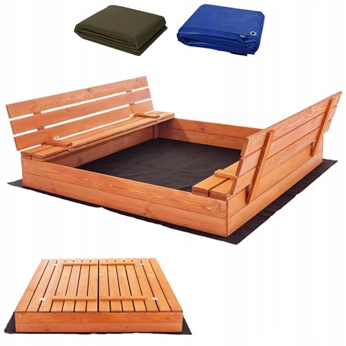 Premium Sandkasten 140x140 cm Imprägniert inkl. Video Anleitung für Montage Sandbox mit Abdeckung Sitzbänken Deckel Plane Sandkiste, Holz Sandkastenvlies 150x150 XXL