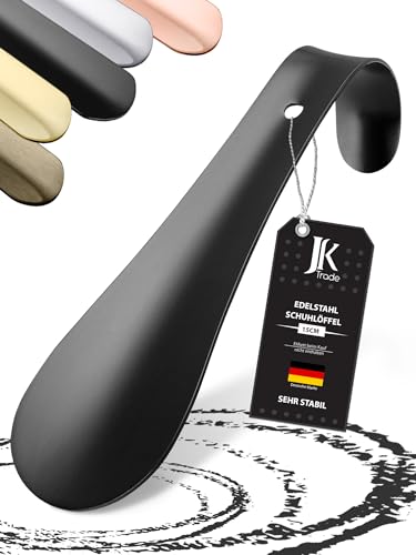 JK Trade® 15cm STABILER Edelstahl Schuhlöffel | 1.5mm polierter Metall Schuhanzieher zum Reisen | Schuhlöffel klein für Unterwegs | optimierte Länge & Breite | Shoe Horn | Business | Aufhängbar