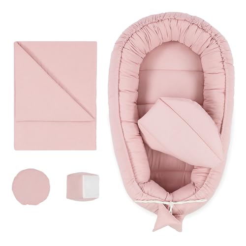 Babynestchen Set Neugeborene 90x50 cm Baumwolle - Kuschelnest Baby Nestchen 5-teilig Kokon Schmutziges Rosa